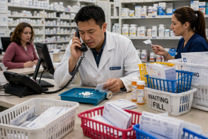 A pharmacist takes a call at the fill counter surrounded by baskets of prescriptions waiting to be filled while colleagues work behind him.