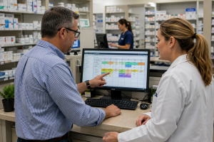 A pharmacy manager and a colleague review a staffing schedule together on a monitor behind the counter.