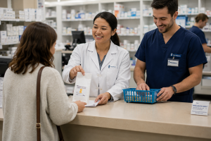 A pharmacist and a pharmacy technician help a patient at the pharmacy counter.