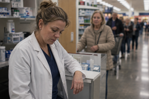 A pharmacist pauses for a moment between patients at a grocery store pharmacy counter as the next person approaches.