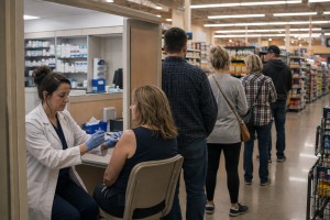 A pharmacist administers a flu vaccination in a grocery store pharmacy while several patients wait in a line extending into the aisle.