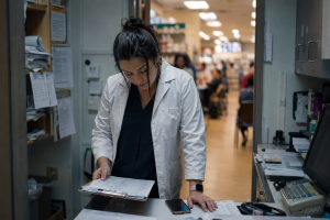 A pharmacy manager reviews a printed coverage schedule in a back office while the pharmacy floor stays busy behind her.