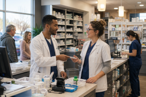 Two pharmacy staff members work side by side at a counter in a fully covered pharmacy.