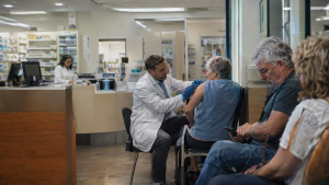 A pharmacist administers a flu vaccination to a seated patient while others wait nearby in a retail pharmacy immunization area.