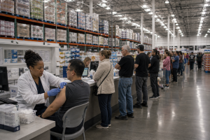 A pharmacist gives a flu shot at a warehouse club pharmacy counter as a long line of members waits.